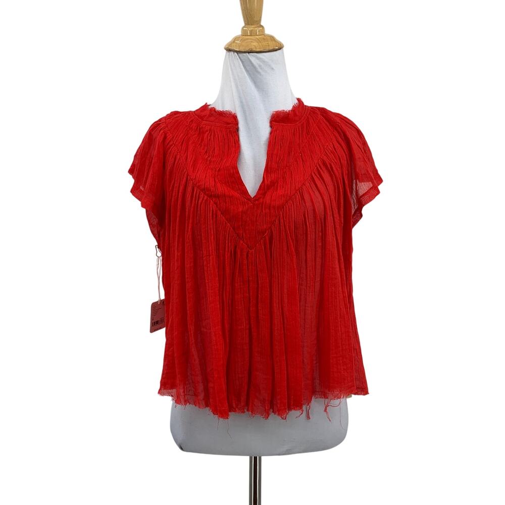 FP One Free People Top Women Medium Bright Red Padma Gauzy V Neck Flutter Sleeve